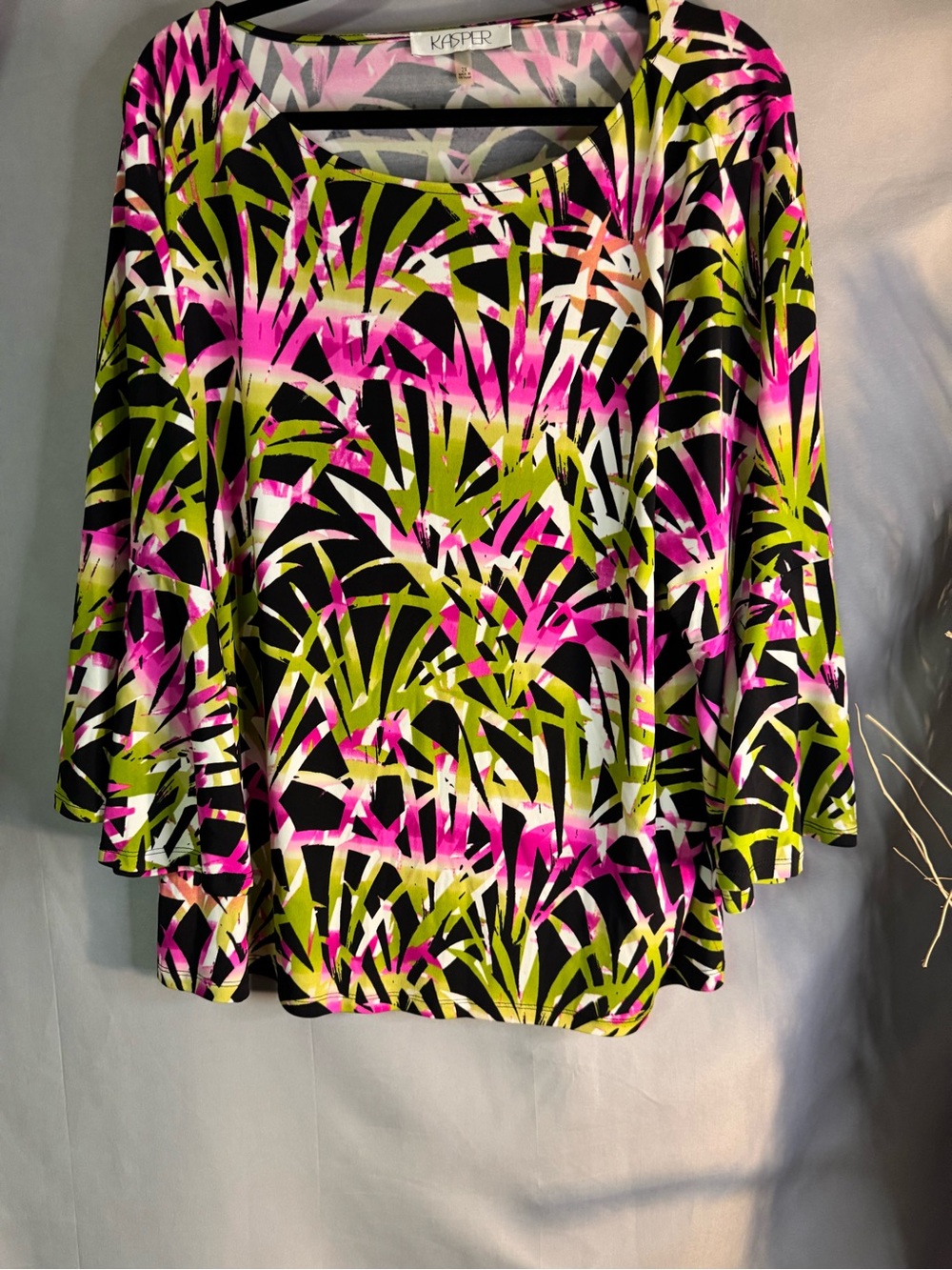Kasper Black Pink & Green Tropical-Print Boatneck Top